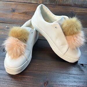Sam Edelman Women's Sz 9.5 LEYA Pom-Pom Faux-Fur Laceless Fashion Sneaker White